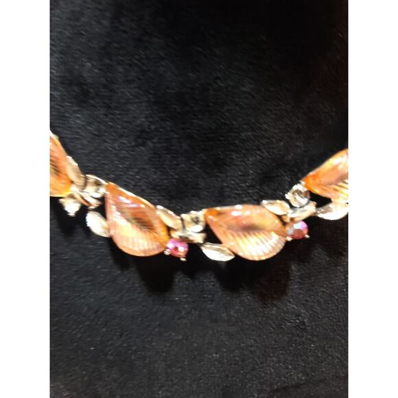 Women's Leaf Necklace Pink Enamel Floral Rhinestone Choker Hook Clasp Jewelry - Picture 3 of 6